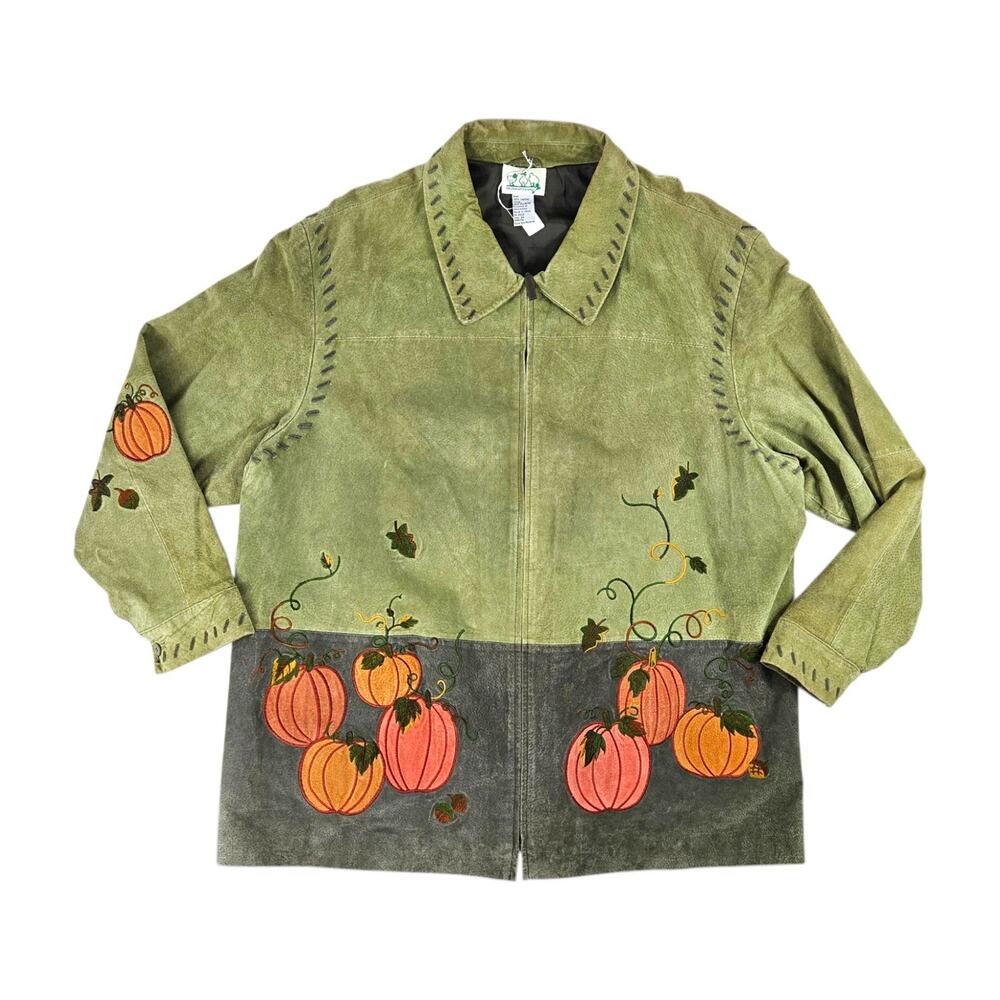 Vintage Leather Jacket Pumpkin Suede Sage Green Whimsical Autumn - 3XL
